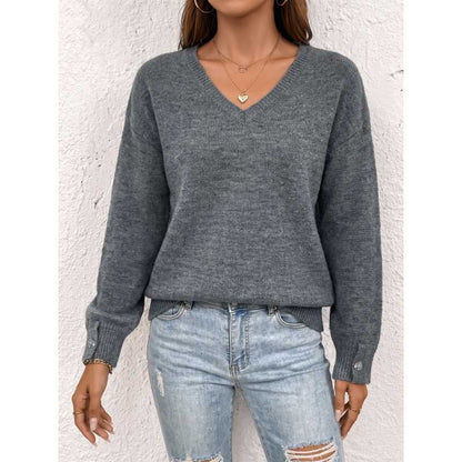 Womens V Neck Sweater Oversized Button Cuff Pullover