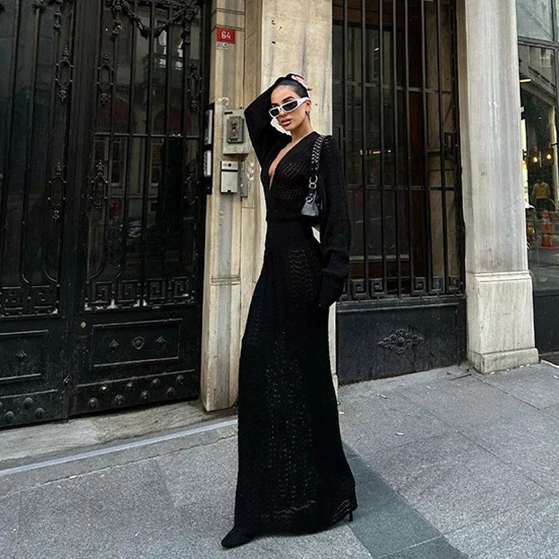 Crochet Deep V Neck Long Sleeve Maxi Dress Bodycon