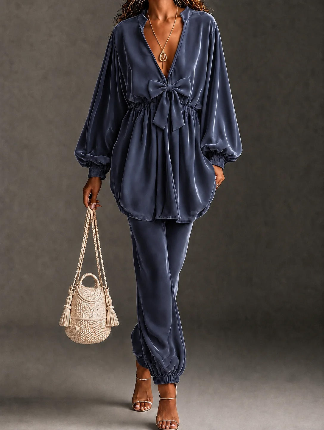 Velvet Bow Front Balloon Sleeve Jogger Set