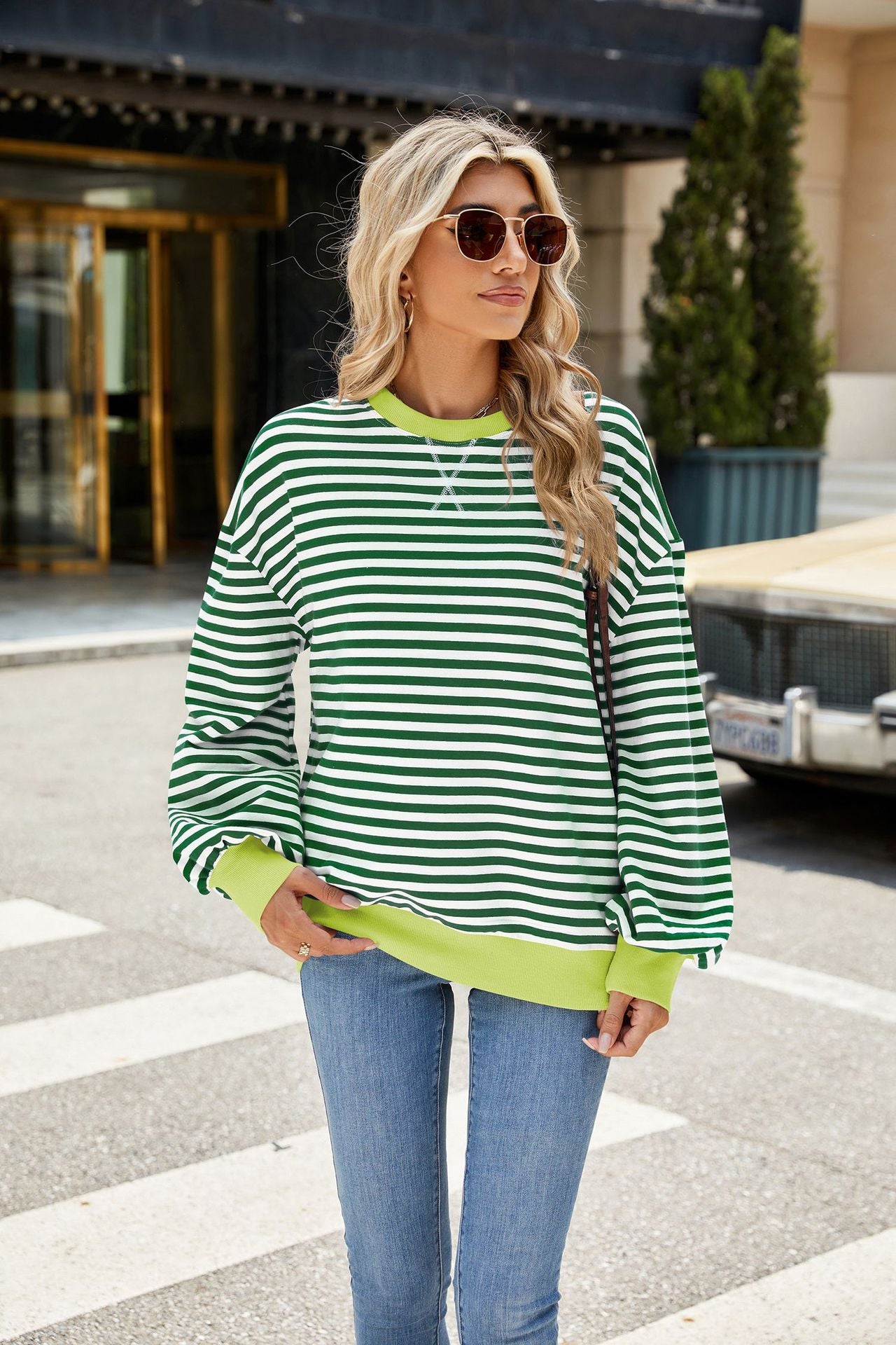 Striped Color Block Crew Neck Loose Fit Long Sleeve Sweatshirt