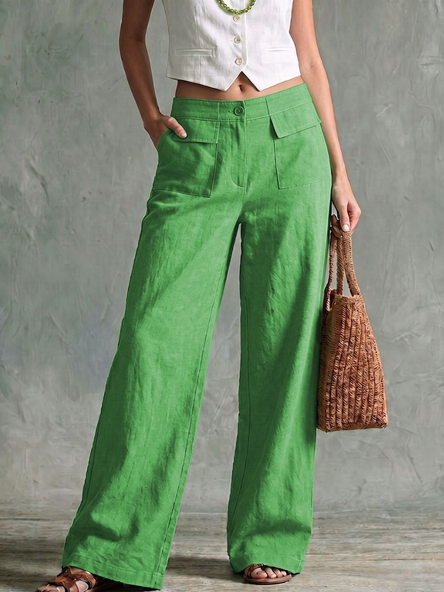 Women Cotton Linen High Waisted Wide Leg Casual Pants