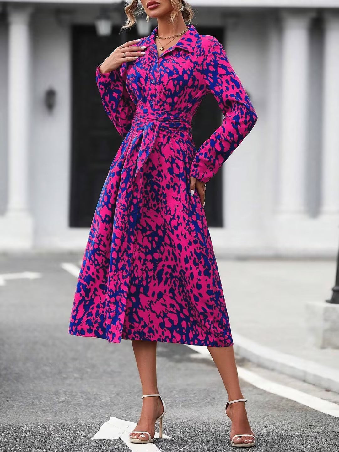 Women's Printed Long Sleeve Belted Midi Shirt Dress Slit