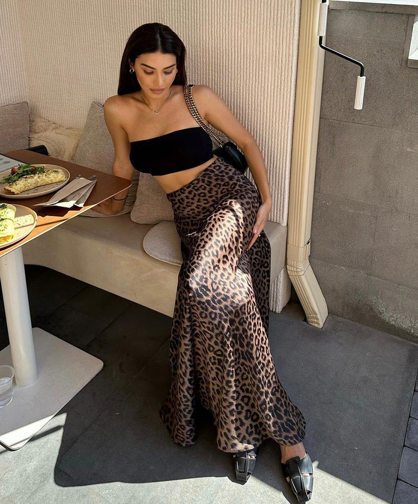 Leopard Print Maxi Skirt High Waist A Line Silhouette