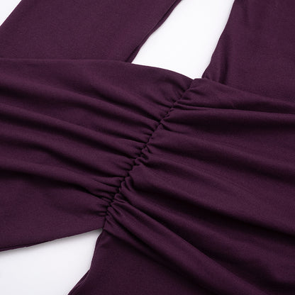 Elegant Mock Neck Long Sleeve Ruched Sash Maxi Dress