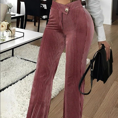 Women High Waist Ribbed Velvet Wide Leg Pants