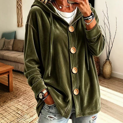 Women's Oversized Velvet Hoodie Cardigan Button Front