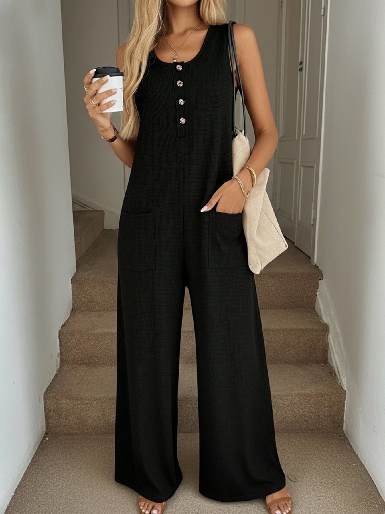 Sleeveless Button Front Wide Leg Jumpsuit with Pockets
