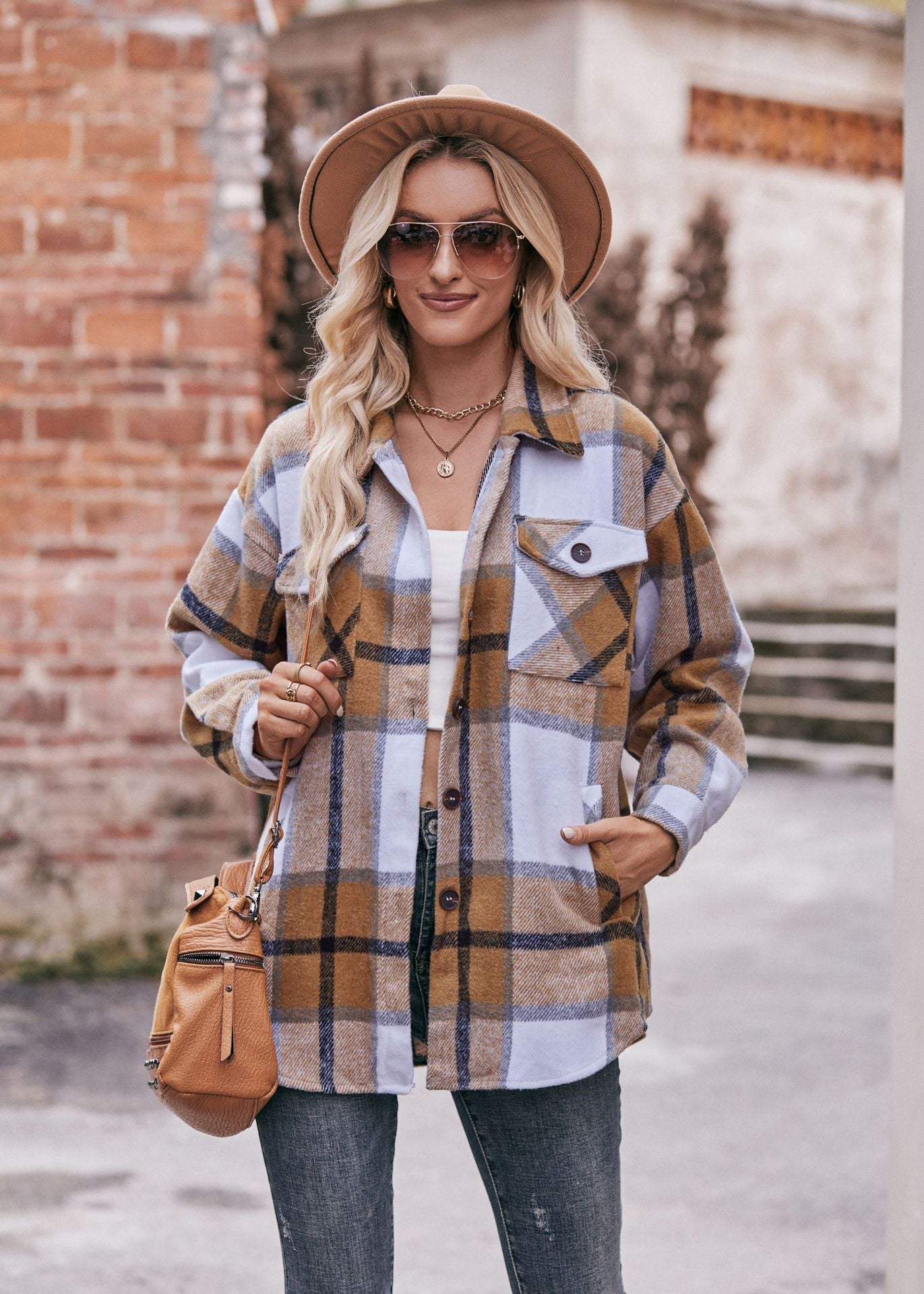 Khaki Women's Oversized Plaid Flannel Shacket with Chest Pocket