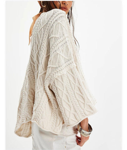Chunky Cable Knit Crop Sweater–Loose Boho Crewneck Pullover