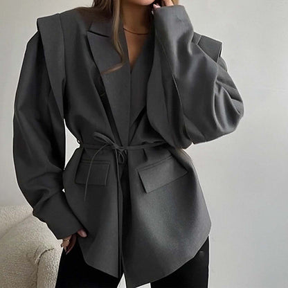 Women Tie Waist Blazer Puff Sleeve Solid Lightweight Jacket
