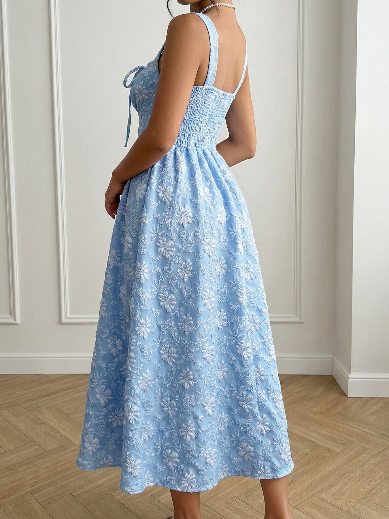 Blue Jacquard Square Neck Dress Sleeveless A-Line Mid-Length