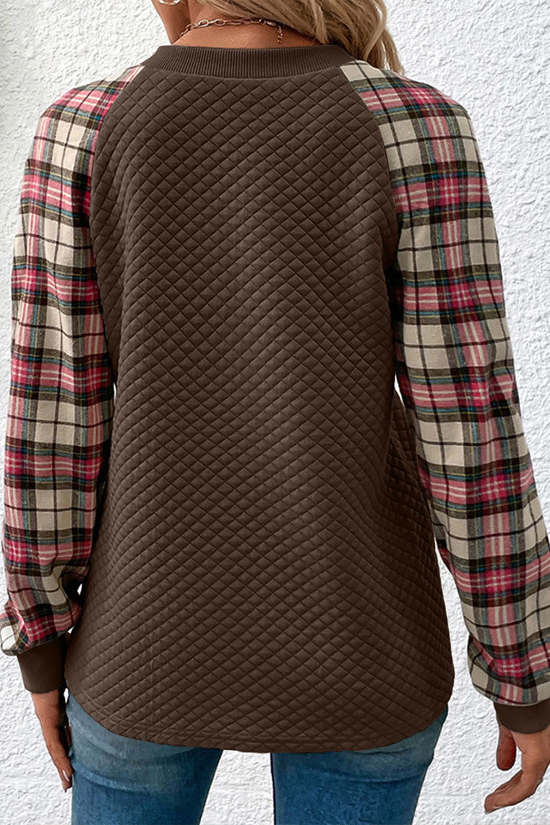 Women's Oversized Quilted Plaid Sleeve Patchwork Sweatshirt