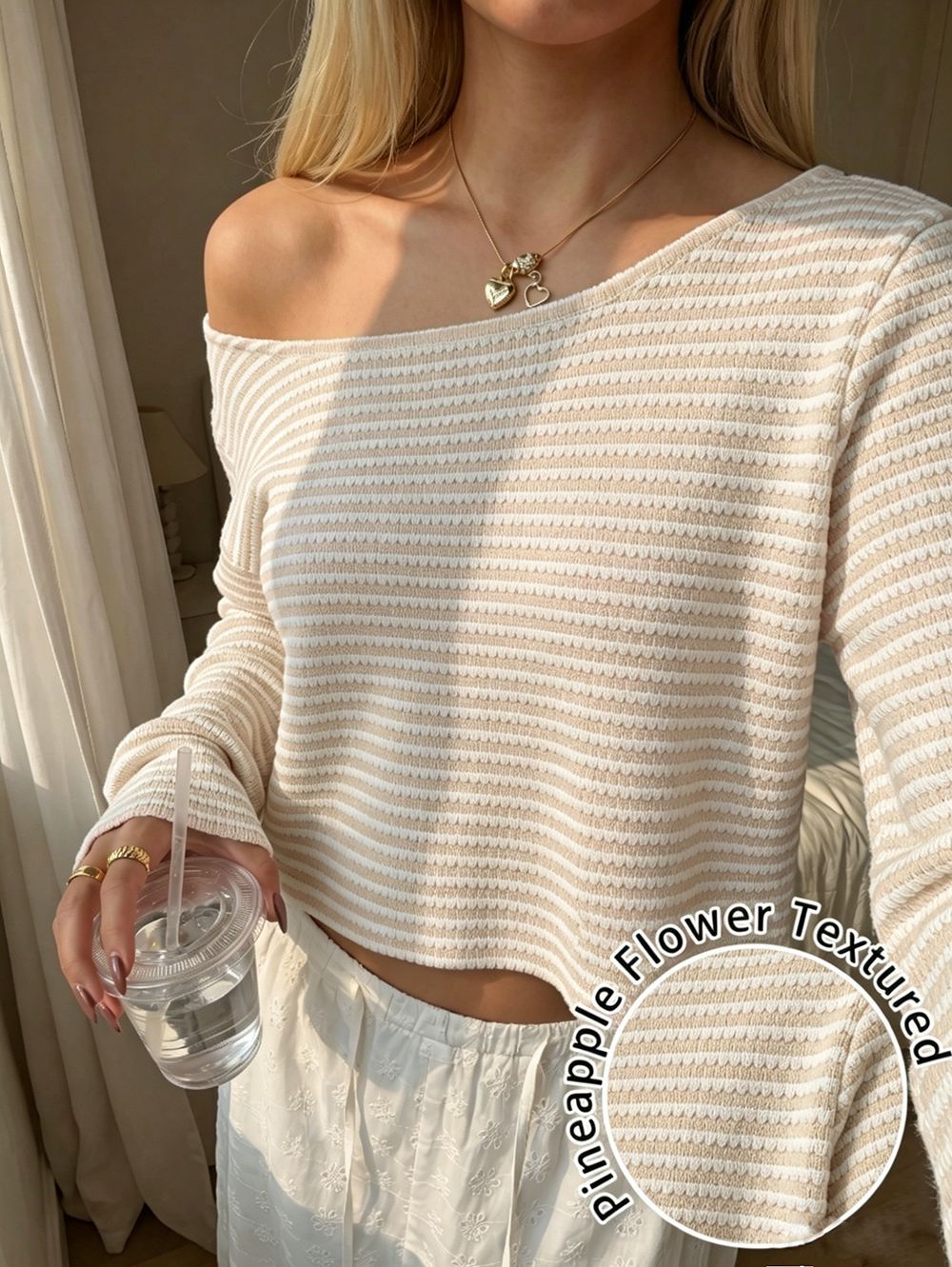 Striped Textured Knit Sweater Loose Fit Long Sleeve Top