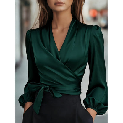 Satin Wrap Blouse V-Neck Tie Waist Puff Sleeve