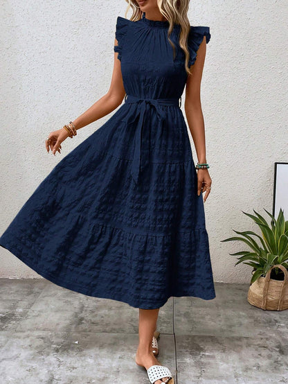 Lace-Up Textured Dress with Ruffled Sleeves