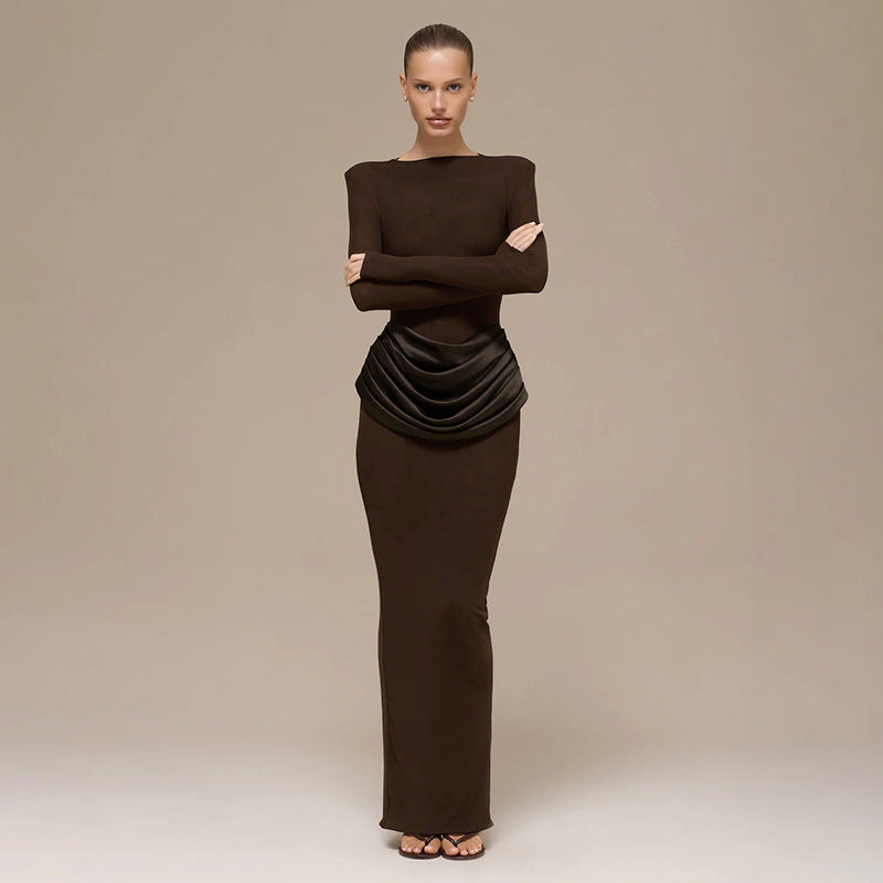 Women's Boat Neck Long Sleeve Ruched Bodycon Maxi Dress