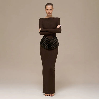 Women's Boat Neck Long Sleeve Ruched Bodycon Maxi Dress