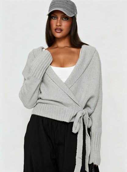 Women's Fuzzy Wrap Cardigan Tie Waist Long Sleeve Sweater