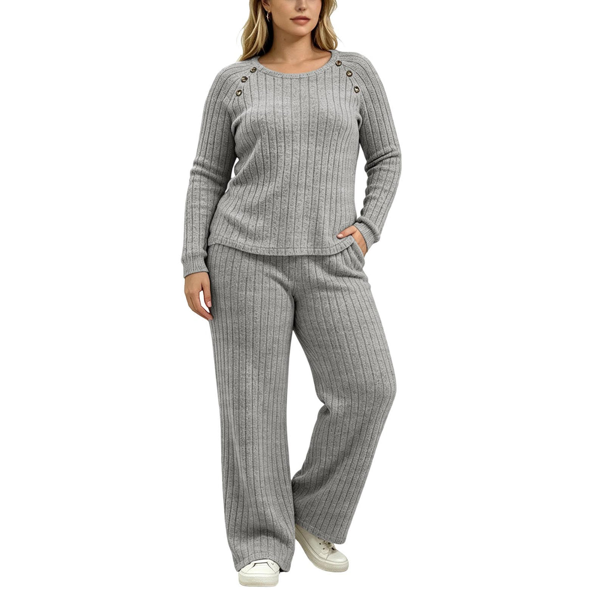Womens Ribbed Knit 2 Piece Set Button Top Wide Leg Pants