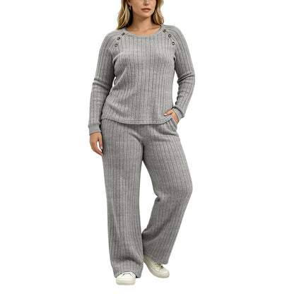 Womens Ribbed Knit 2 Piece Set Button Top Wide Leg Pants