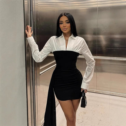 Color Block Collared Long Sleeve Bodycon Mini Dress Women