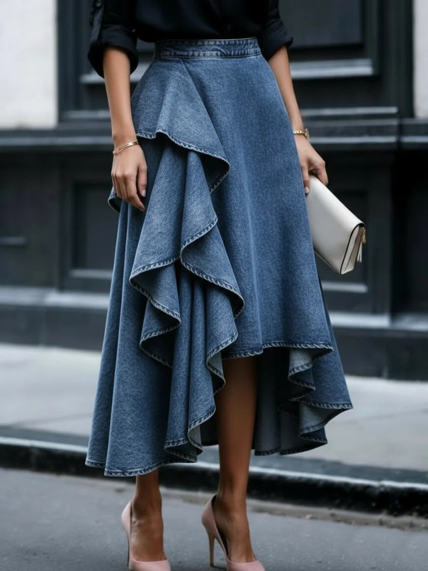 Asymmetric Ruffle Denim Midi Skirt