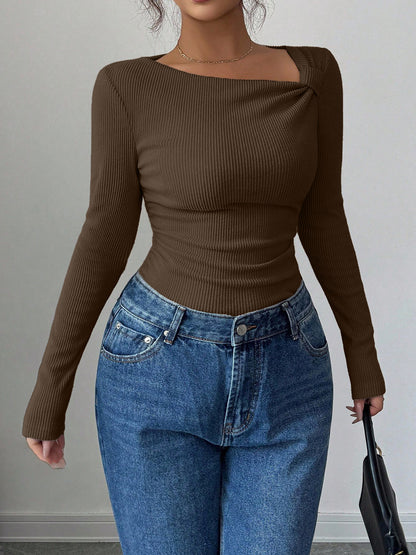 Women's Asymmetrical Neck Ruched Ribbed Long Sleeve Top