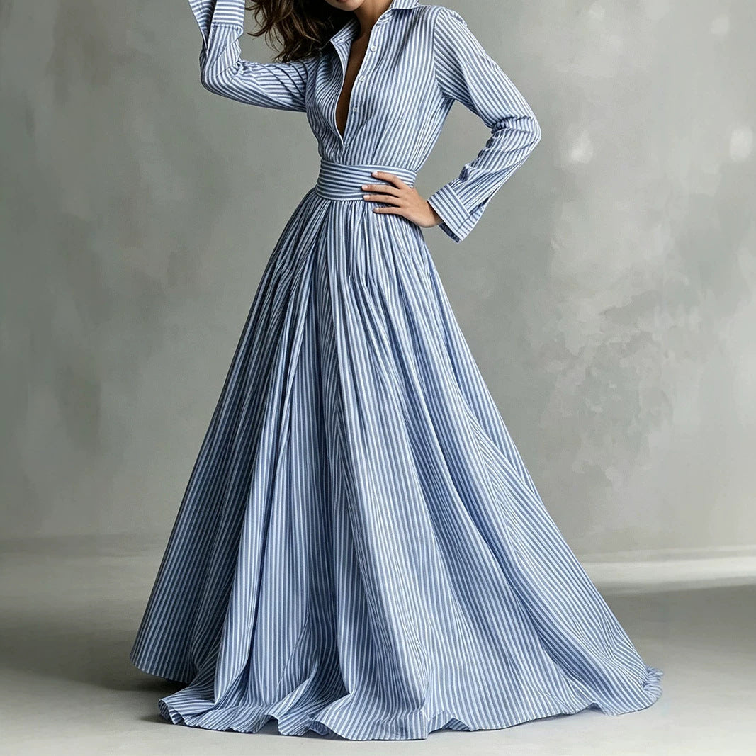 Striped Maxi Shirt Dress Long Sleeve Button Down High Waist