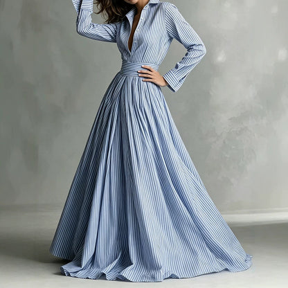 Striped Maxi Shirt Dress Long Sleeve Button Down High Waist