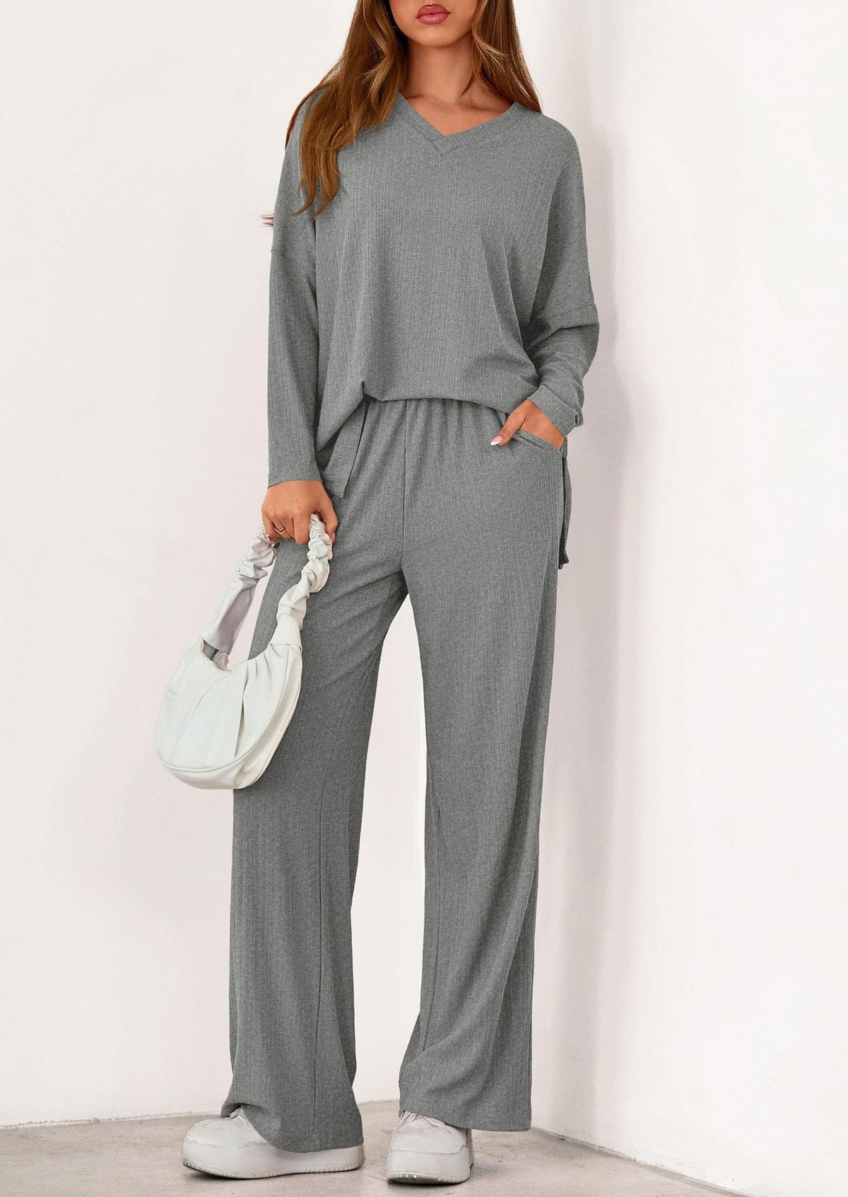 Women's Two Piece Ribbed Lounge Set Wide Leg Pants