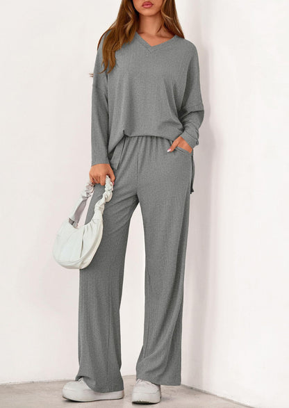 Women's Two Piece Ribbed Lounge Set Wide Leg Pants