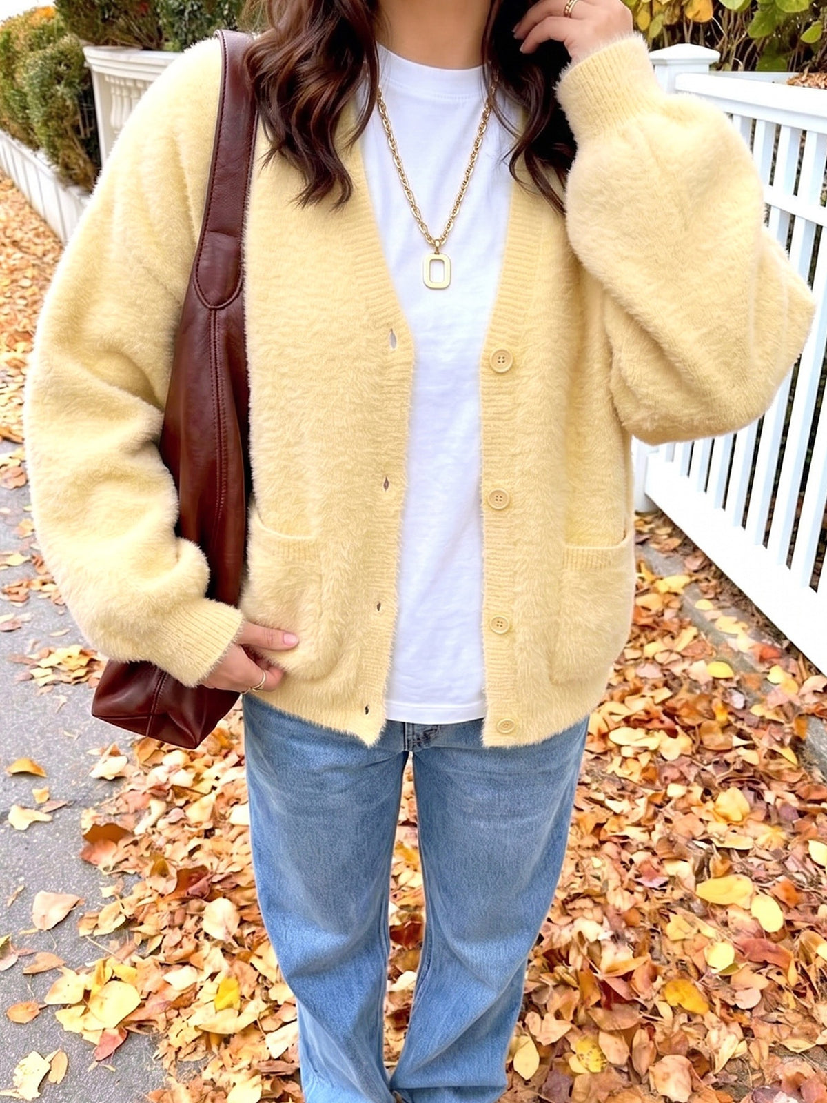 Women's Fuzzy Oversized Yellow Cardigan with Pockets