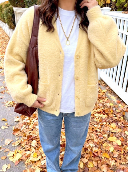 Women's Fuzzy Oversized Yellow Cardigan with Pockets