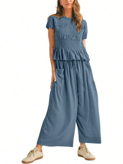 Summer Women’s Two-Piece Smocked Top with Wide-Leg Pants Casual Set