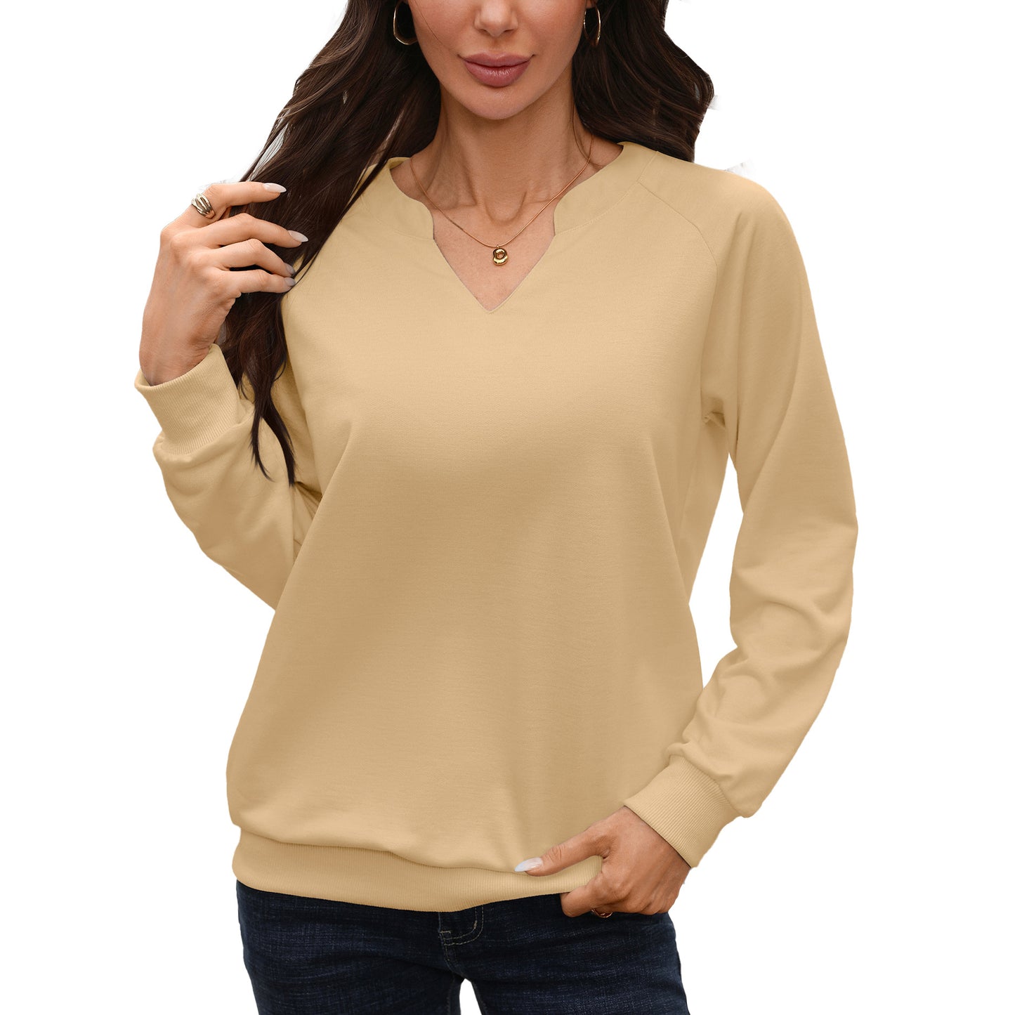 Solid V Neck Sweatshirt Oversized Ribbed Pullover