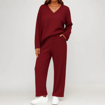 Women's V Neck Knit Two Piece Lounge Set Wide Leg Pants
