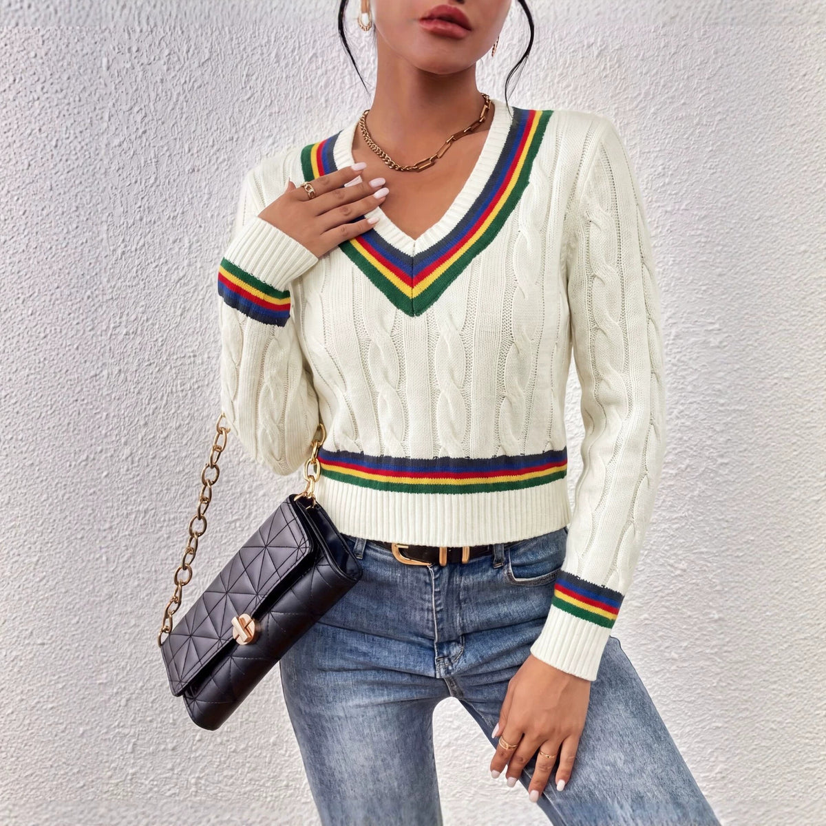 Women's V-Neck Cable Knit Rainbow Striped Sweater