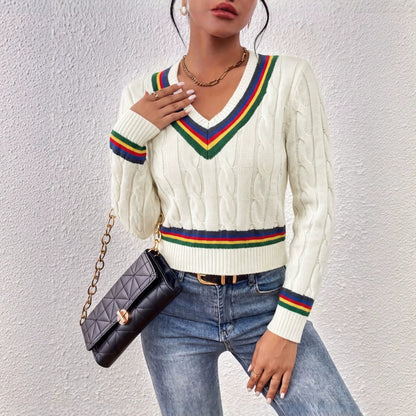 Women's V-Neck Cable Knit Rainbow Striped Sweater