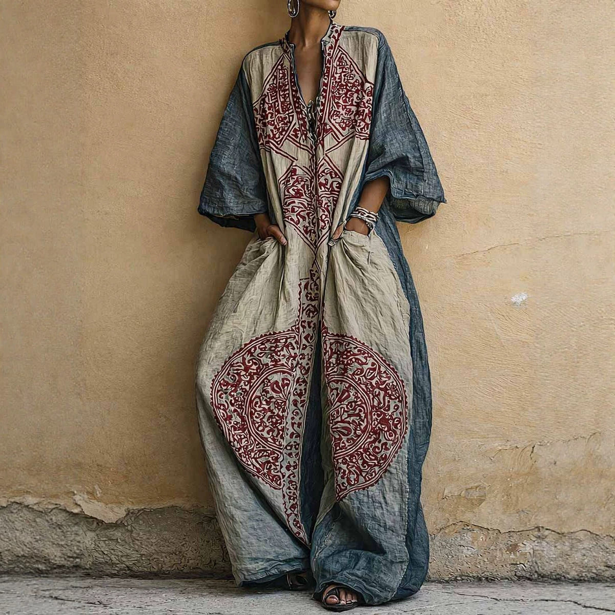 Womens Boho Printed Wide Leg Jumpsuit Loose 3/4 Sleeve