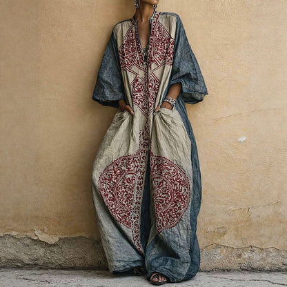 Womens Boho Printed Wide Leg Jumpsuit Loose 3/4 Sleeve