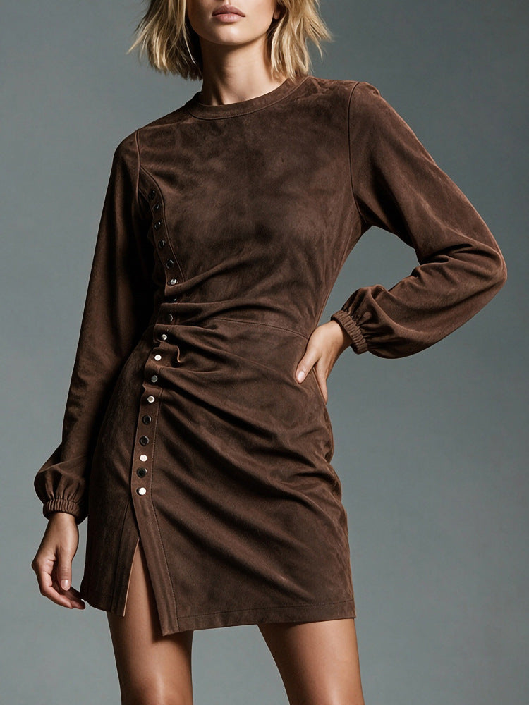 Women's Faux Suede Ruched Long Sleeve Bodycon Dress