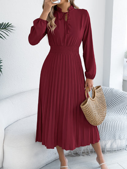 Pleated Chiffon Maxi Dress Elegant Tie Neck Long Sleeve