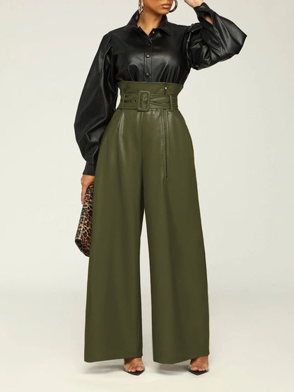 Women's High Waist PU Leather Wide Leg Belted Pants