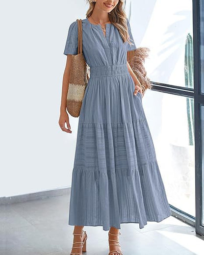 Solid Cotton Maxi Dress V Neck Puff Sleeve Smocked Dress