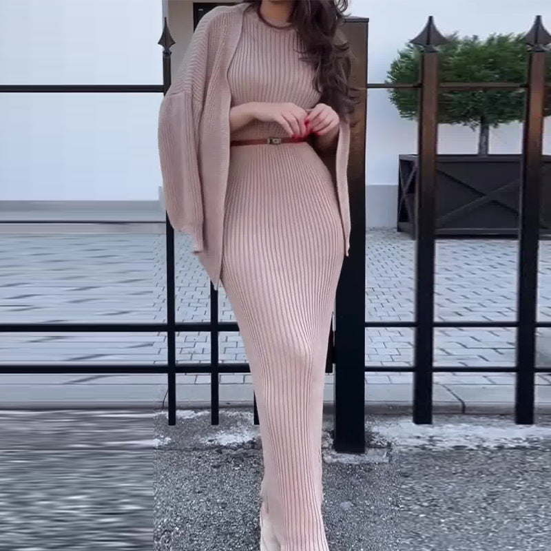Women's Ribbed Knit Maxi Dress & Cardigan Belted Set