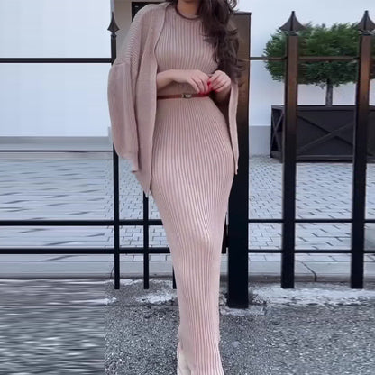 Women's Ribbed Knit Maxi Dress & Cardigan Belted Set