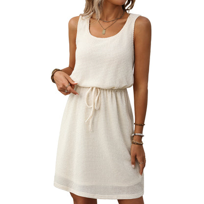 Waffle Knit Sleeveless Drawstring Waist Mini Dress