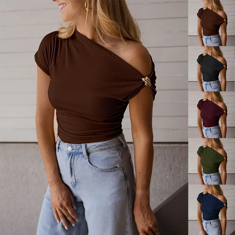 Ribbed One Shoulder Crop Top Metal Ring Detail