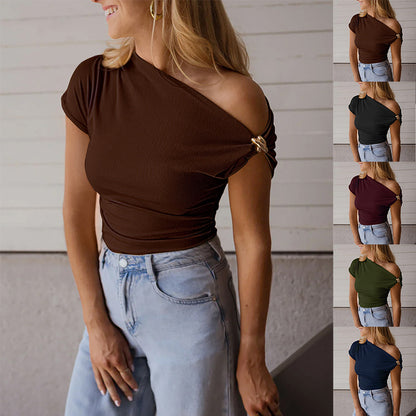 Ribbed One Shoulder Crop Top Metal Ring Detail