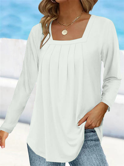 Women's Square Neck Pleated Long Sleeve Tunic Top